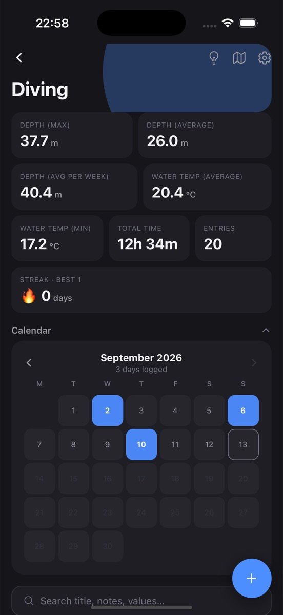 Diving log screen in Log App showing stats and recent entries