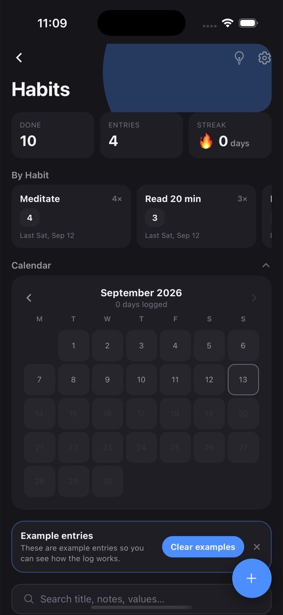Habits log screen in Log App showing stats and recent entries