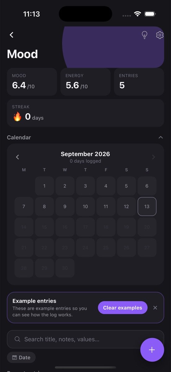 Mood log screen in Log App showing stats and recent entries