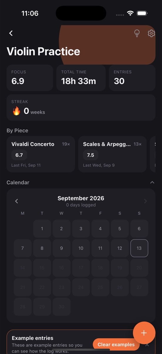 Violin Practice log screen in Log App showing stats and recent entries