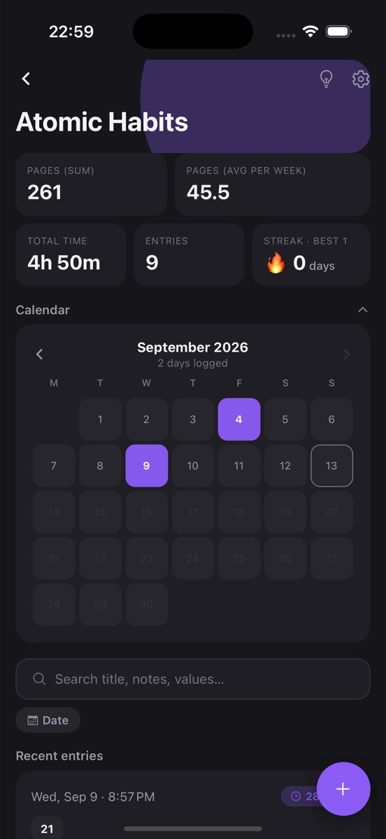 Atomic Habits log screen in Log App showing stats and recent entries