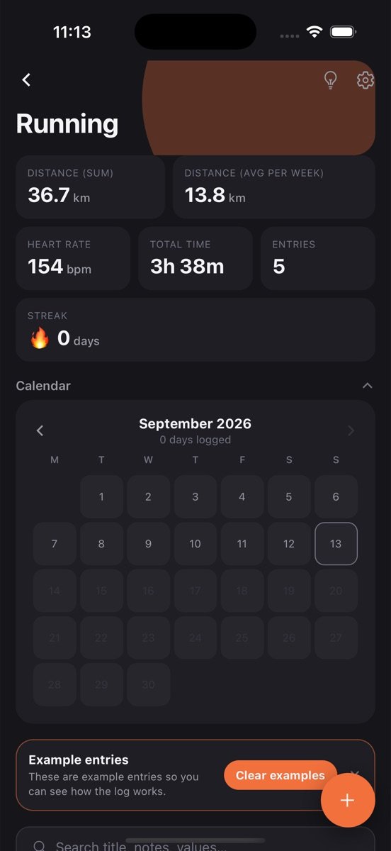 Running log screen in Log App showing stats and recent entries