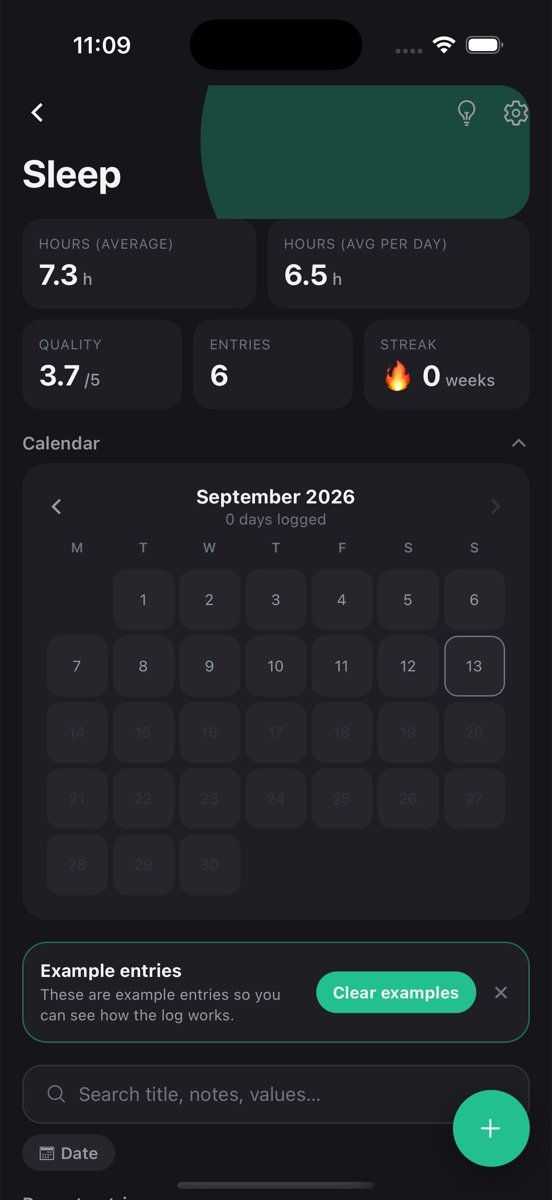 Sleep log screen in Log App showing stats and recent entries