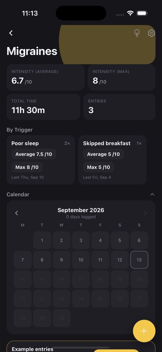 Log „Symptomtagebuch“ in der Log App mit Statistik und den letzten Einträgen